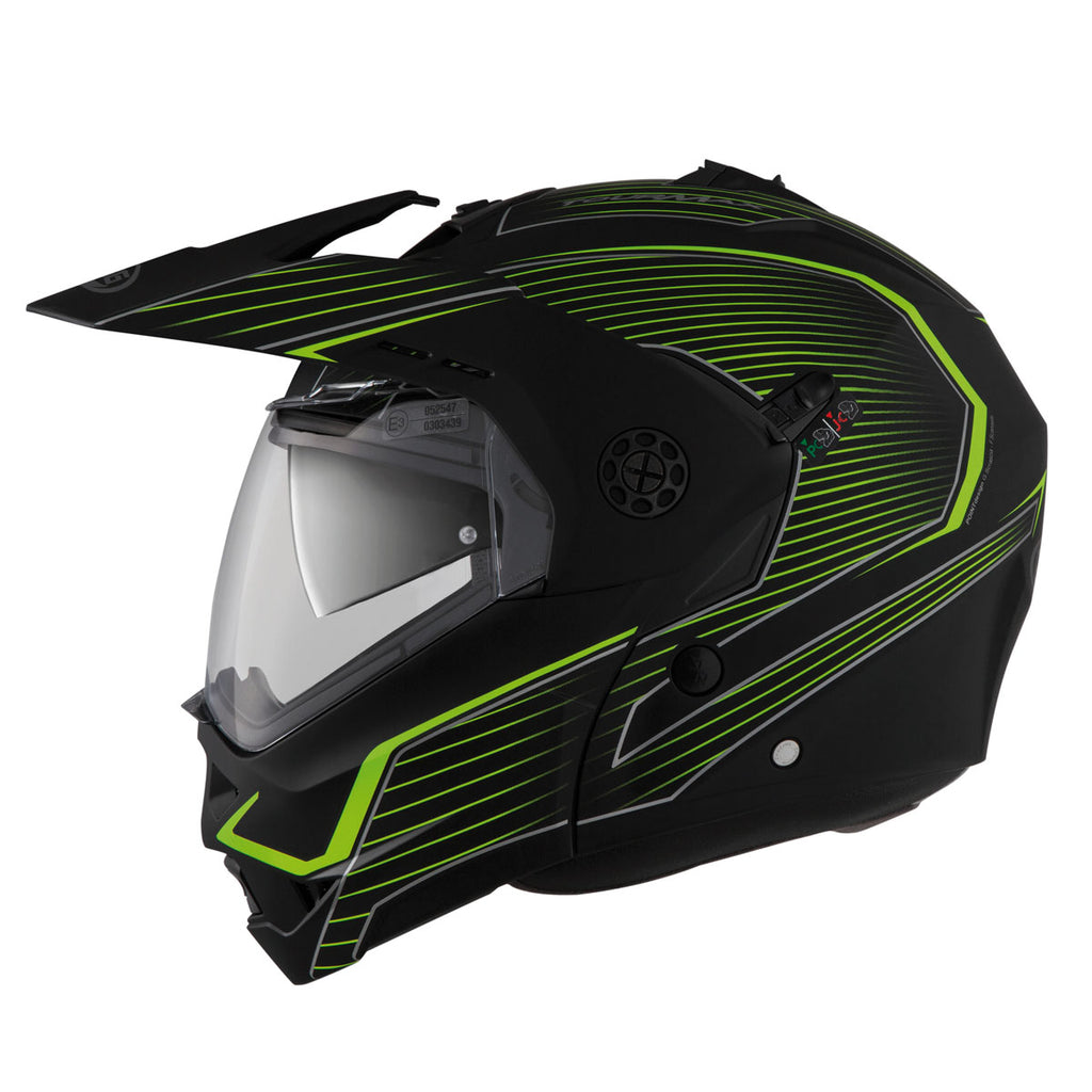 side view of black and yellow fluo helmet with integrated sun visor