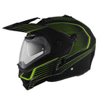 side view of black and yellow fluo helmet with integrated sun visor