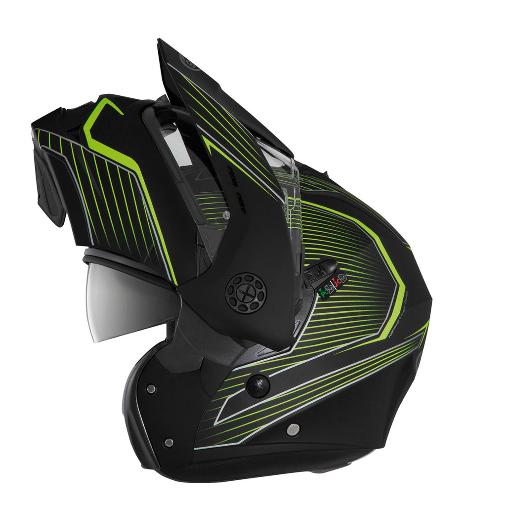 flipped up black and striped yellow motorcycle helmet with caberg branding