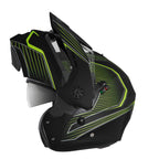 flipped up black and striped yellow motorcycle helmet with caberg branding