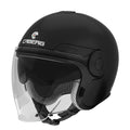 matt black open face motorcycle helmet with clear visor and white caberg branding