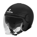 matt black open face motorcycle helmet with clear visor and white caberg branding
