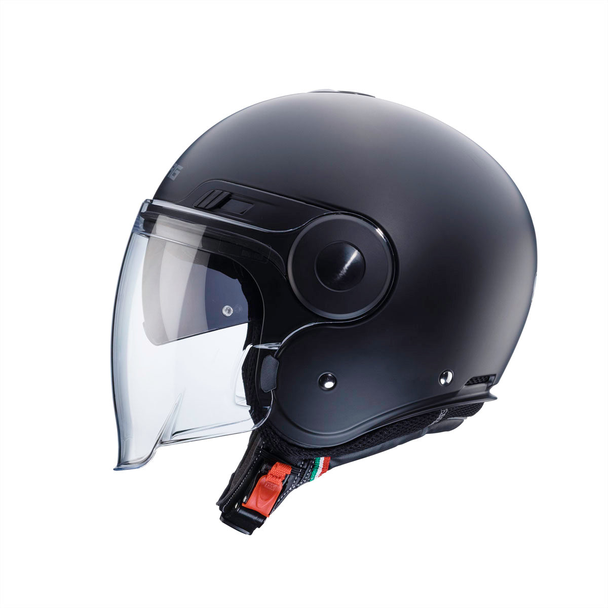 side view of matt black helmet with integrated sun visor