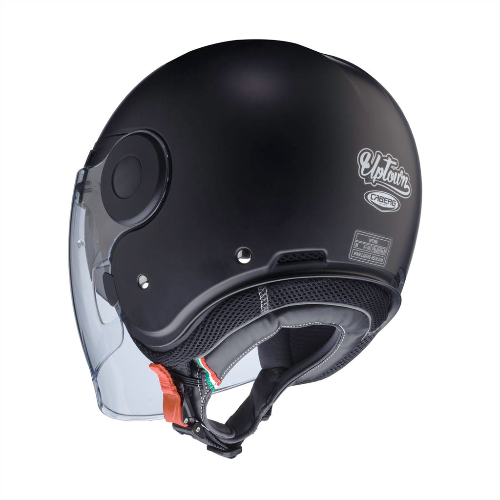 back of matt black open face helmet with uptown and caberg logo