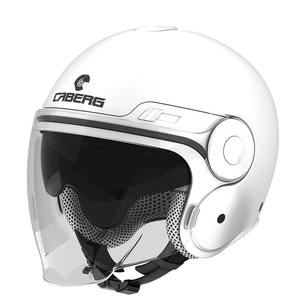 White open face motorcycle helmet with black caberg logo on the front