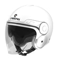 White open face motorcycle helmet with black caberg logo on the front