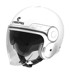 White open face motorcycle helmet with black caberg logo on the front