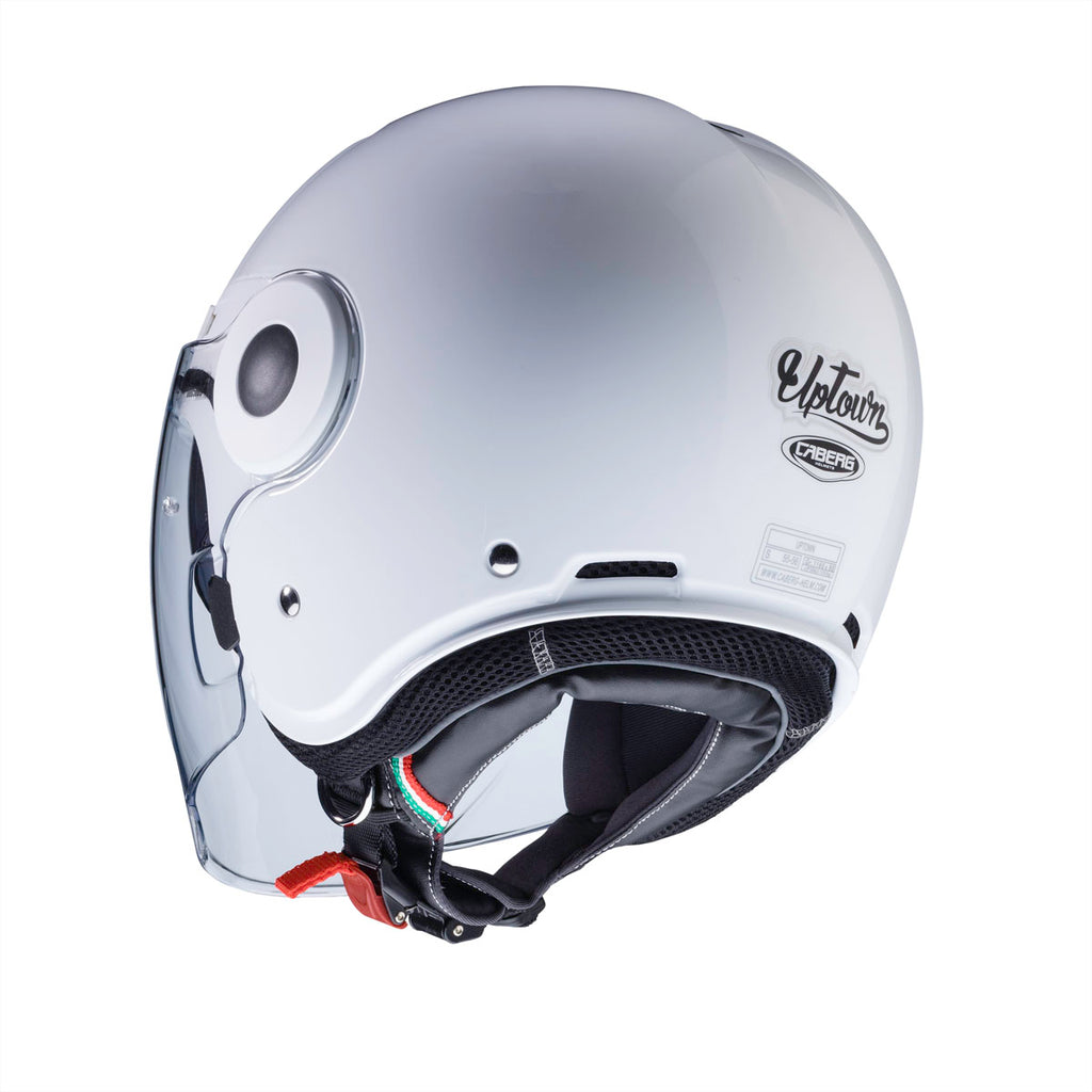 back of white helmet with black uptown and caberg logo