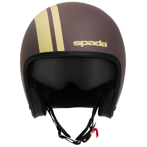 front on view of brown and golden open face spada helmet