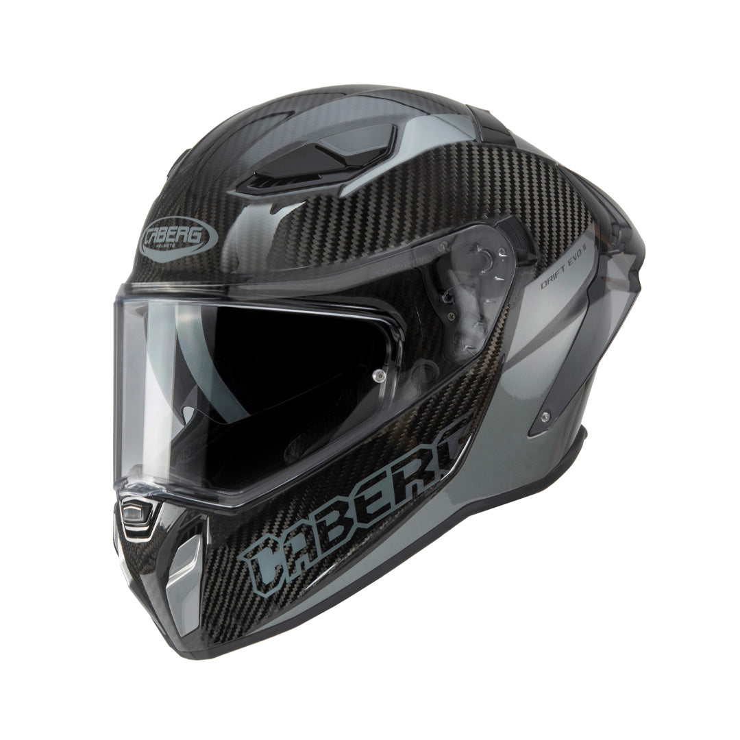 Caberg Drift Evo II Carbon Nova Grey full face motorcycle helmet showing matt carbon fibre shell