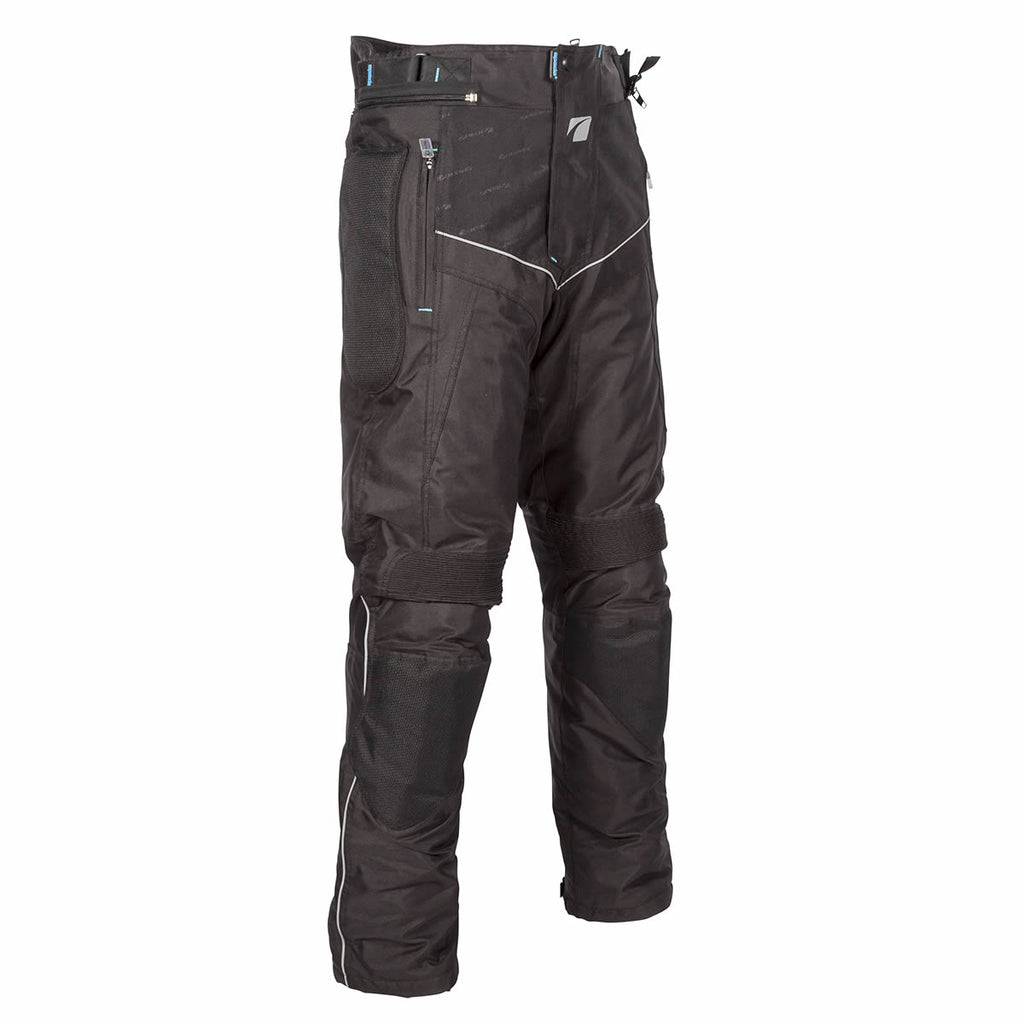 side view of black waterproof ladies motorbike trousers with zipped pockets