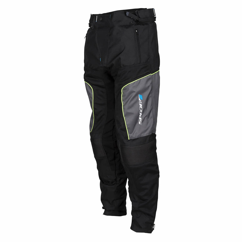 side view of black and silver waterproof spada motorcycle trousers for men