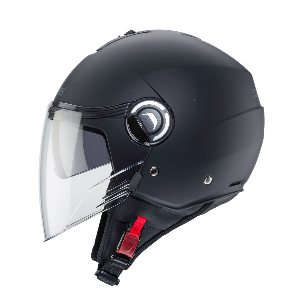 side view of Caberg Riviera V4 matt black helmet showing visor pull-out mechanism and shell profile