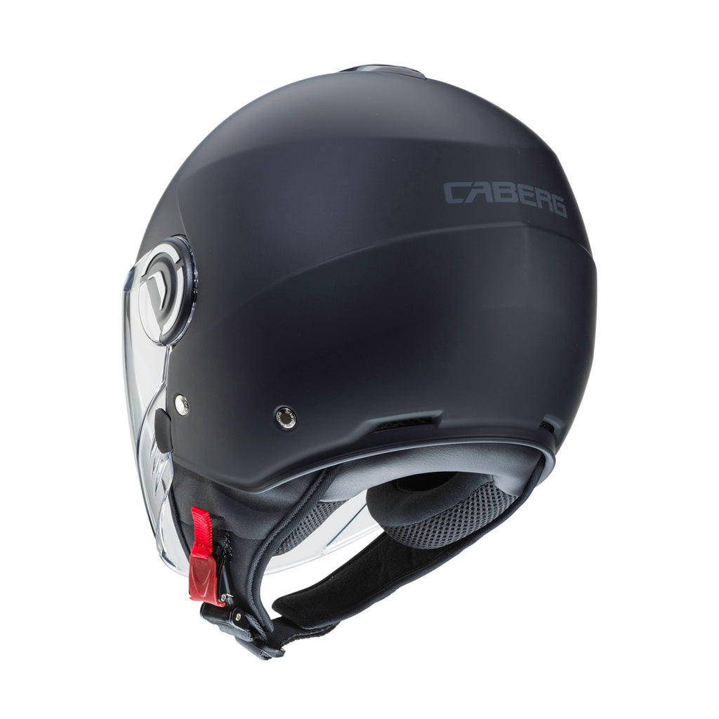 three-quarter rear view of Caberg Riviera V4 matt black open face helmet