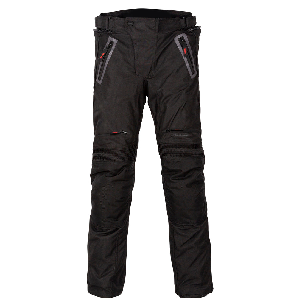 Black motorcycle pants with zippers on a white background