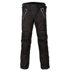 Black motorcycle pants with zippers on a white background