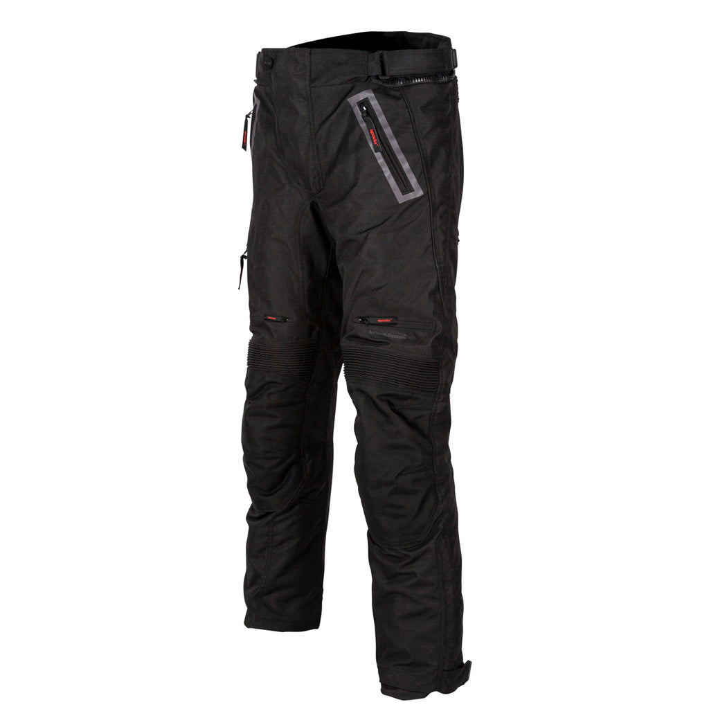 Black pants with zippers and pockets on a white background