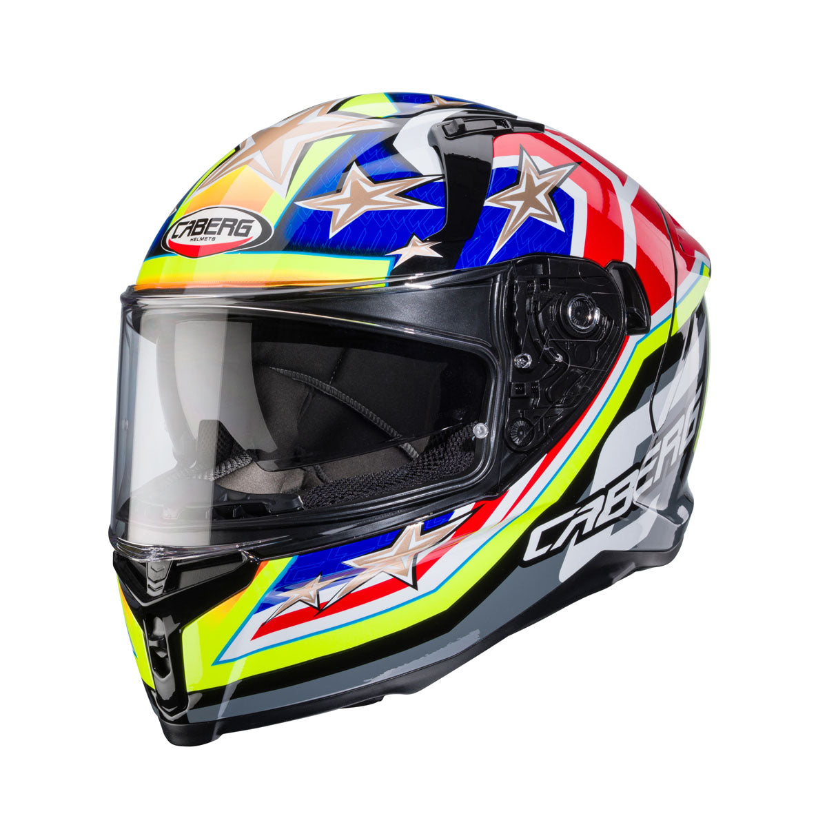 Caberg Avalon X Track full face motorcycle helmet in black yellow and blue sport graphic