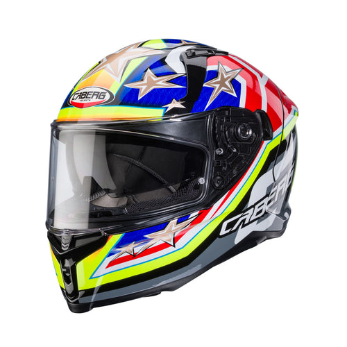 Caberg Avalon X Track full face motorcycle helmet in black yellow and blue sport graphic