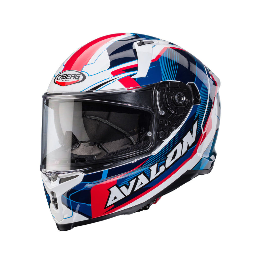 Caberg Avalon X Optic full face motorcycle helmet in gloss white blue and red sport graphic