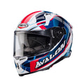 Caberg Avalon X Optic full face motorcycle helmet in gloss white blue and red sport graphic