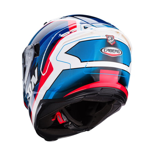 side view of Caberg Avalon X Optic white blue and red showing integrated spoiler and DVT visor