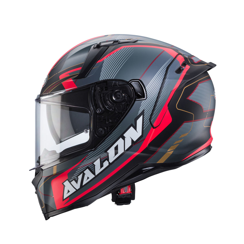 side view of Caberg Avalon X Optic matt black showing integrated spoiler DVT visor and red accents