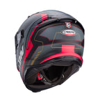 three-quarter view of Caberg Avalon X Optic matt black grey and red showing rear extractors and shell profile