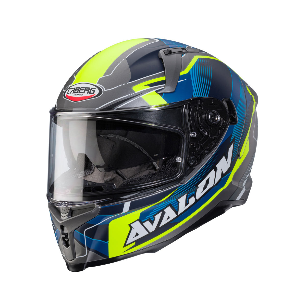 Caberg Avalon X Optic full face motorcycle helmet in matt grey blue and yellow graphic