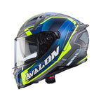 side view of Caberg Avalon X Optic matt grey showing integrated spoiler DVT visor and blue yellow graphic