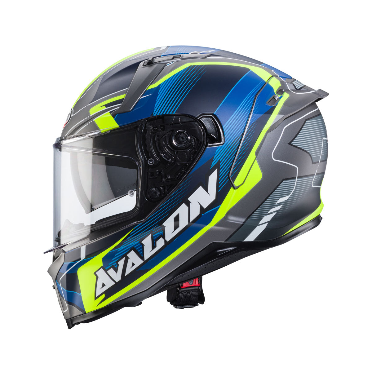 side view of Caberg Avalon X Optic matt grey showing integrated spoiler DVT visor and blue yellow graphic