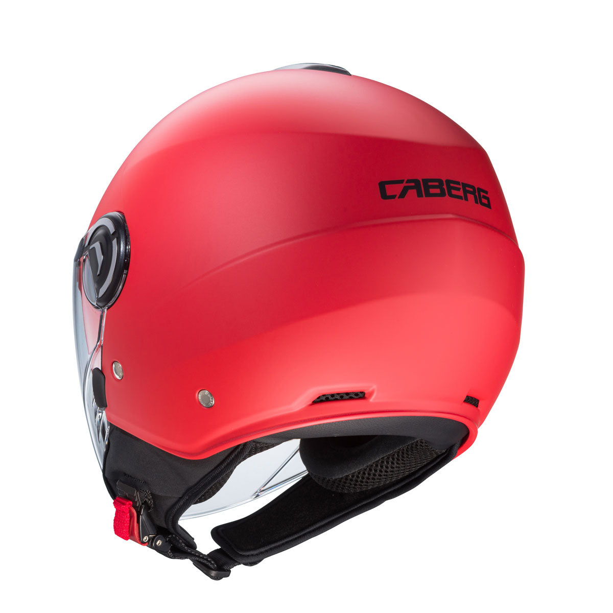 three-quarter rear view of Caberg Riviera V4X matt red open face helmet showing rear extractors