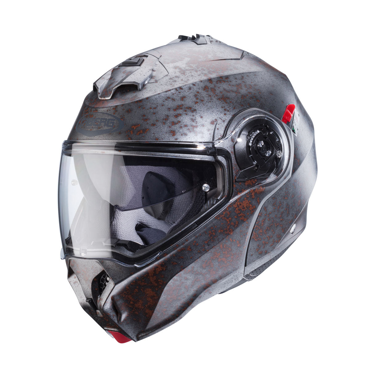 Caberg Duke Evo Rusty flip-up motorcycle helmet showing handmade weathered metal finish