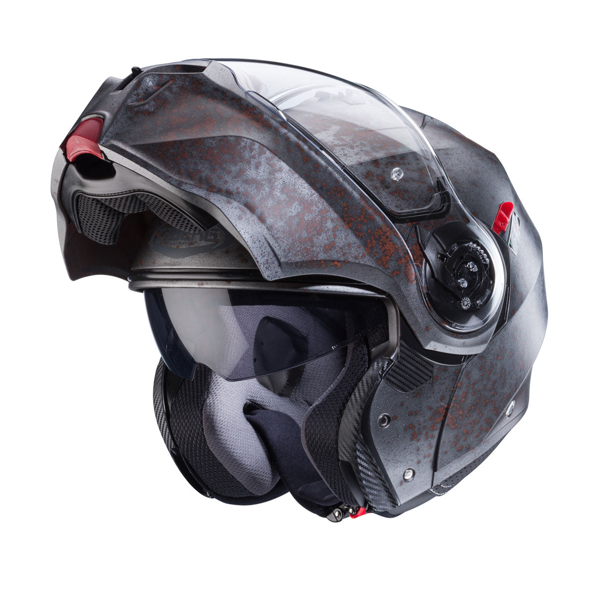 "Caberg Duke Evo Rusty helmet with chin guard flipped up showing J-configuration open face riding position
