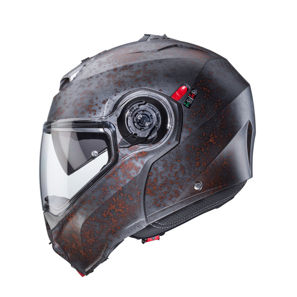 side view of Caberg Duke Evo Rusty flip-up helmet showing chin guard and P/J lock lever