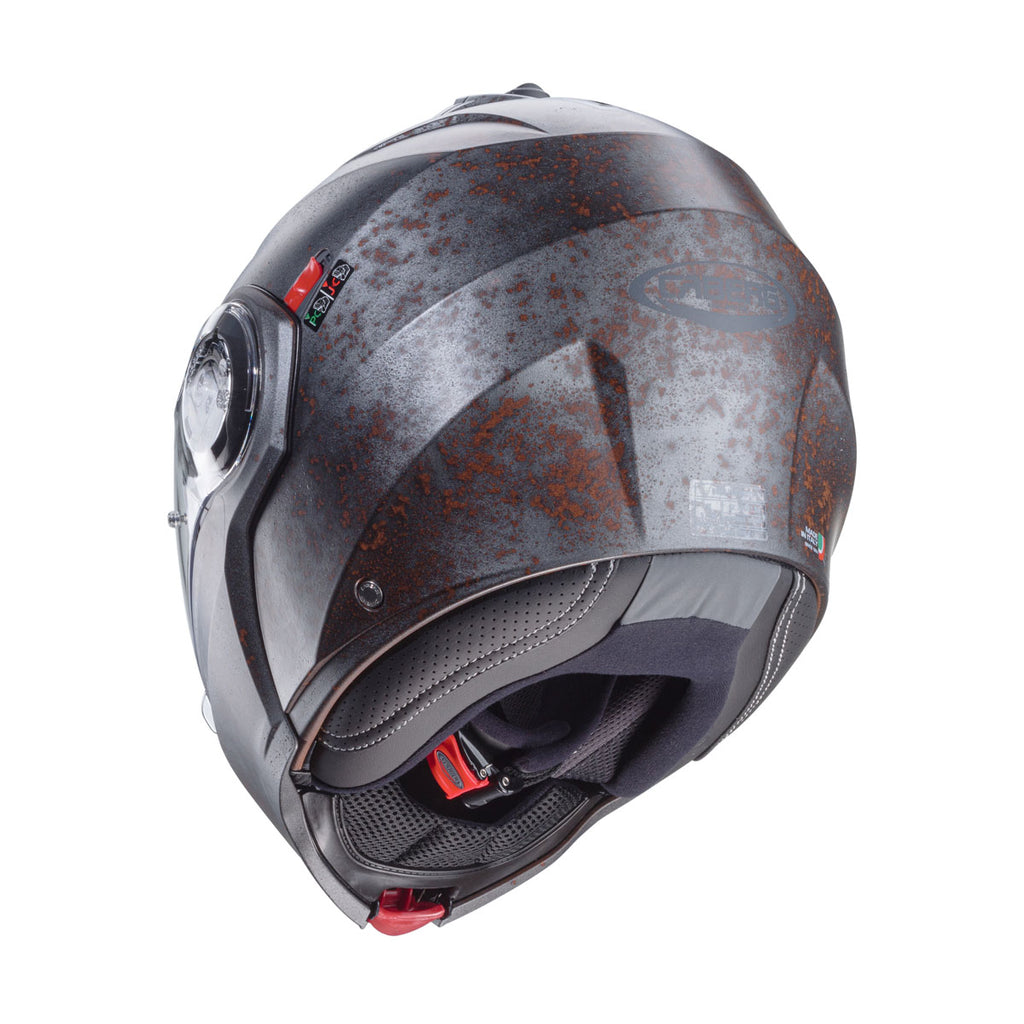 rear view of Caberg Duke Evo Rusty with DVT dual visor system and Pinlock lens