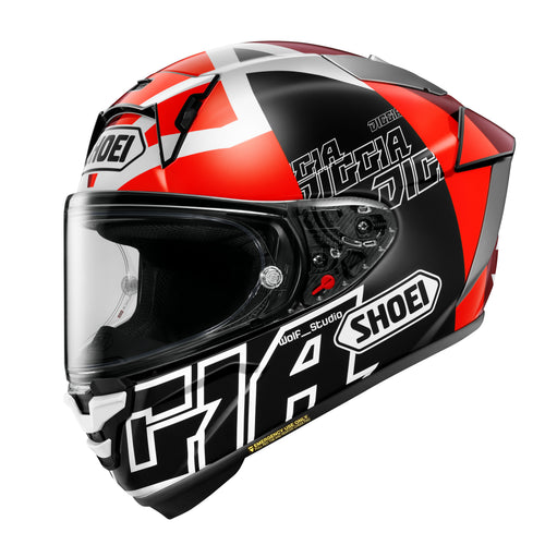 Shoei X-SPR Pro Diggia2 TC-1 full face motorcycle helmet in red and white graphic
