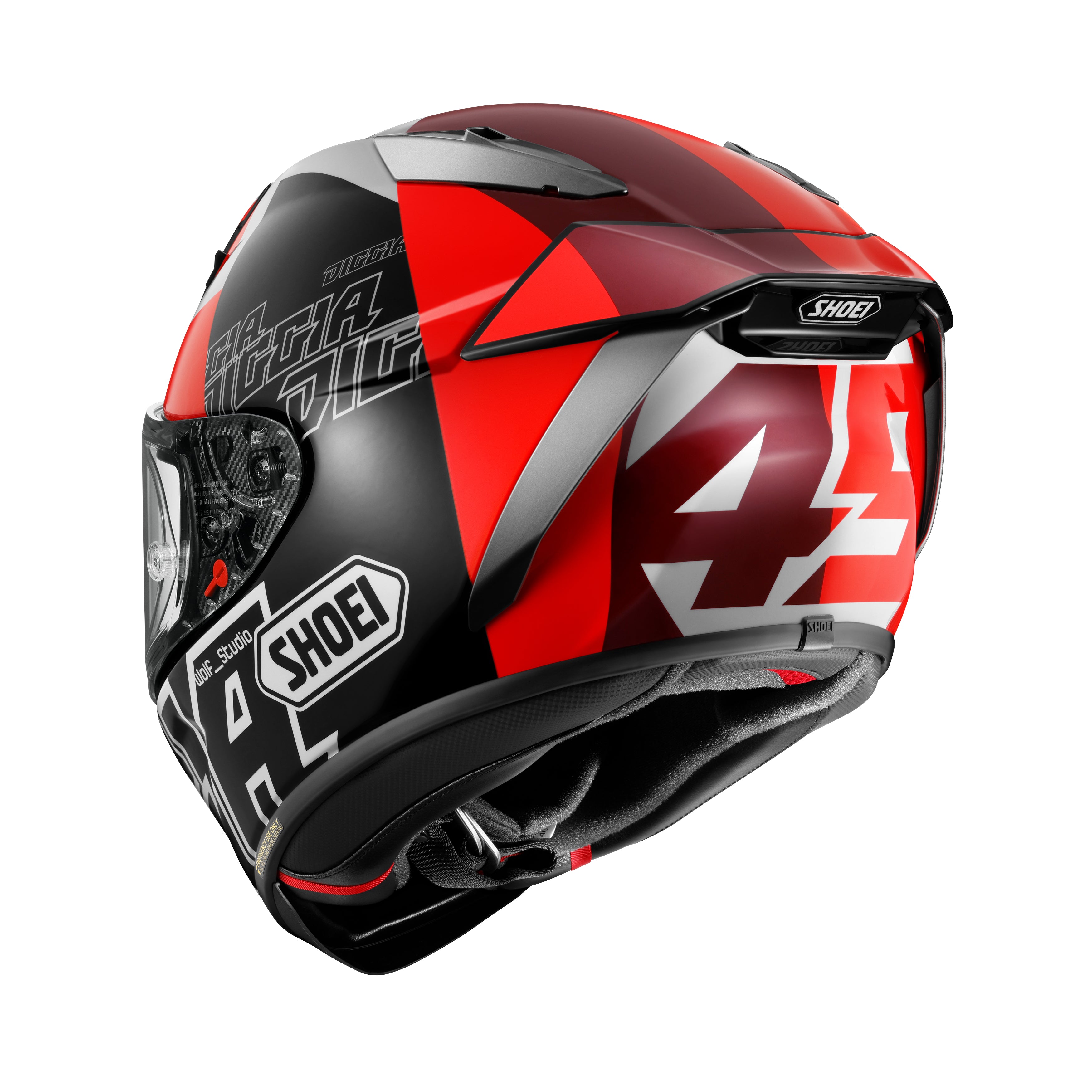 rear three-quarter view of Shoei X-SPR Pro Diggia2 TC-1 showing spoiler and rear flaps