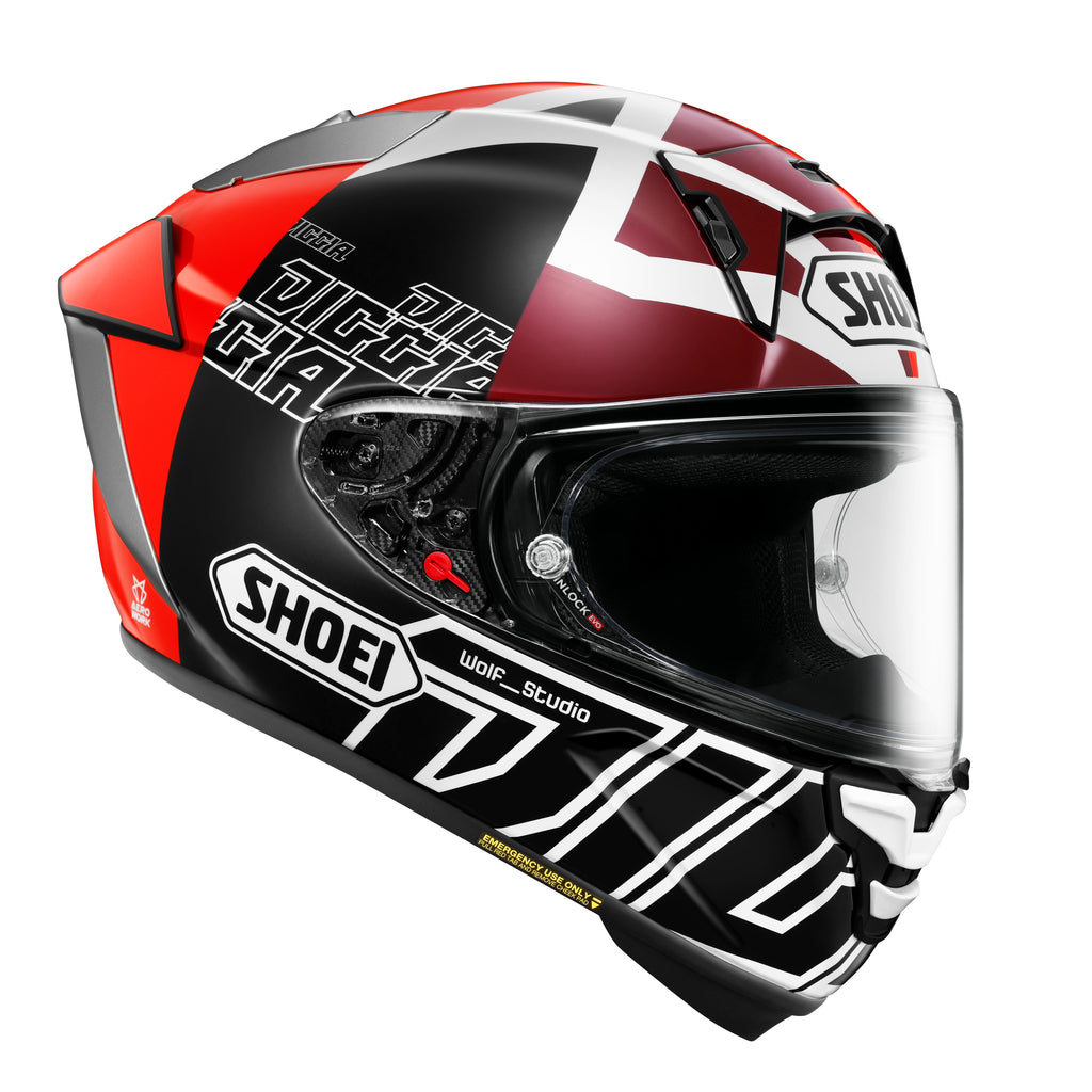 side profile of Shoei X-SPR Pro Diggia2 TC-1 showing AIM+ shell and vortex generators